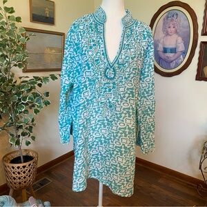 Barbara Gerwit • Intricately Beaded Beachy Aqua & White Tunic Top • Size 1X